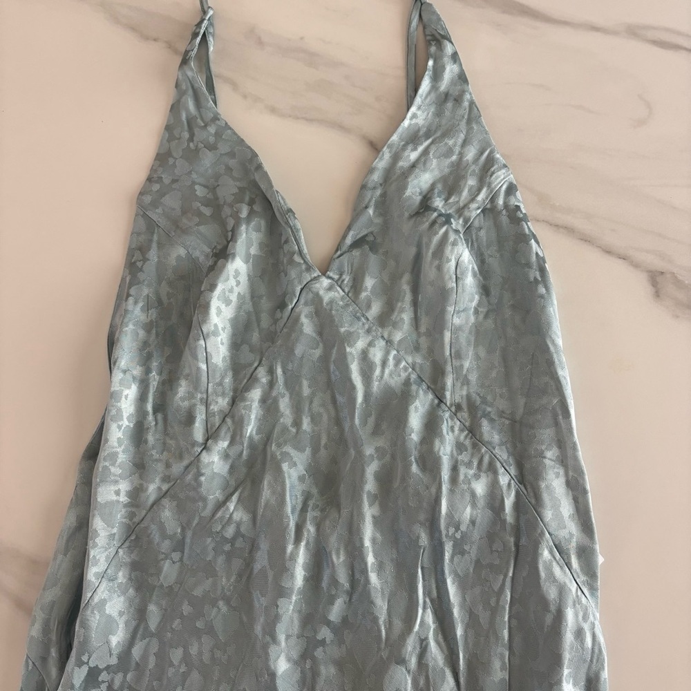 Top Shop Elegant Blue Satin Evening Gown heart print sz S-M - Picture 11 of 11